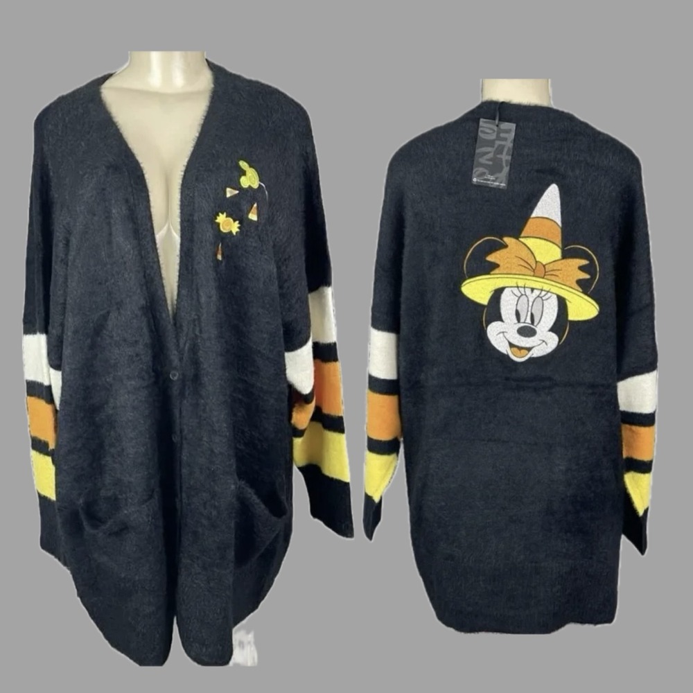 Disney 6X Black Minnie Mouse Chenille Cardigan Sweater Button Candy Corn Stripe